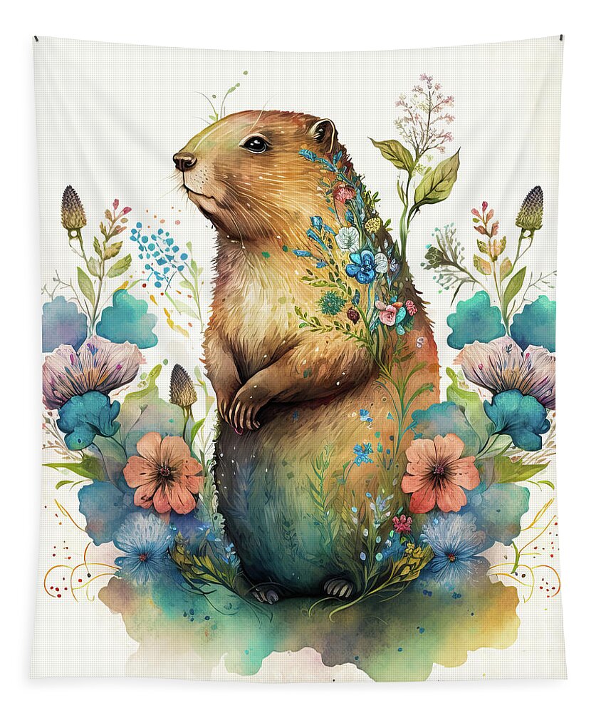 Groundhog Tapestry featuring the digital art Watercolor Animal 30 Cute Groundhog by Matthias Hauser