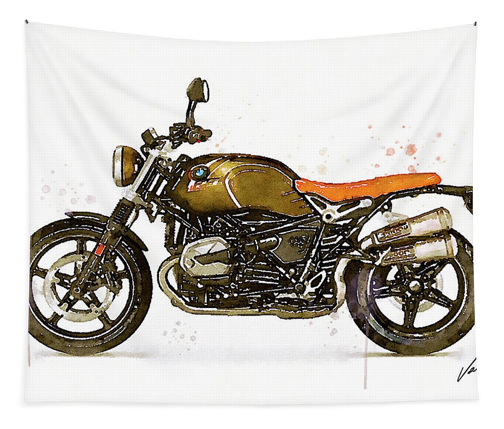 Motorbike Paitning Tapestry featuring the painting Watercolor BMW NineT SCRAMBLER motorcycle - oryginal artwork by Vart. by Vart