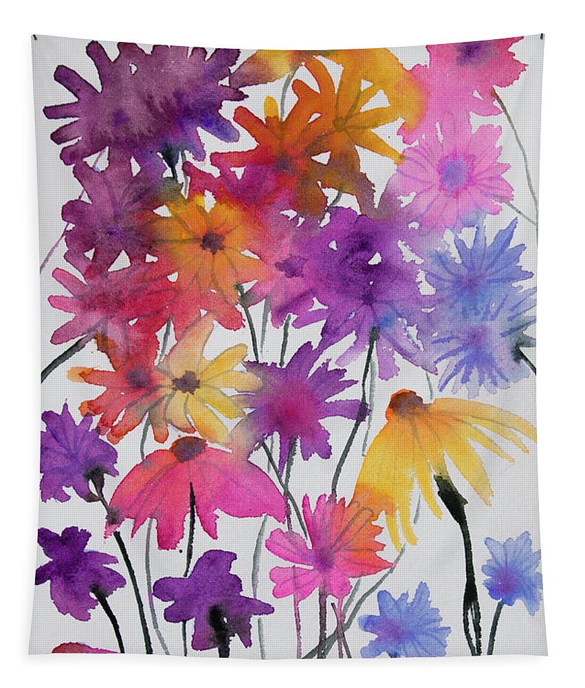 Bloom Tapestry featuring the painting Watercolor - Colorful Garden Blooms by Cascade Colors