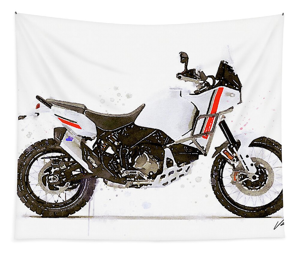 Motorbike Paitning Tapestry featuring the painting Watercolor Ducati DesertX motorcycle - oryginal artwork by Vart. by Vart