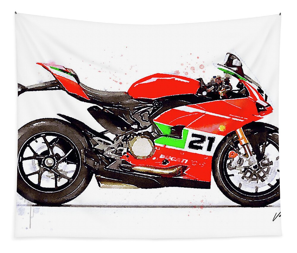 Sport Tapestry featuring the painting Watercolor Ducati Panigale V2 Bayliss motorcycle, oryginal artwork by Vart Studio