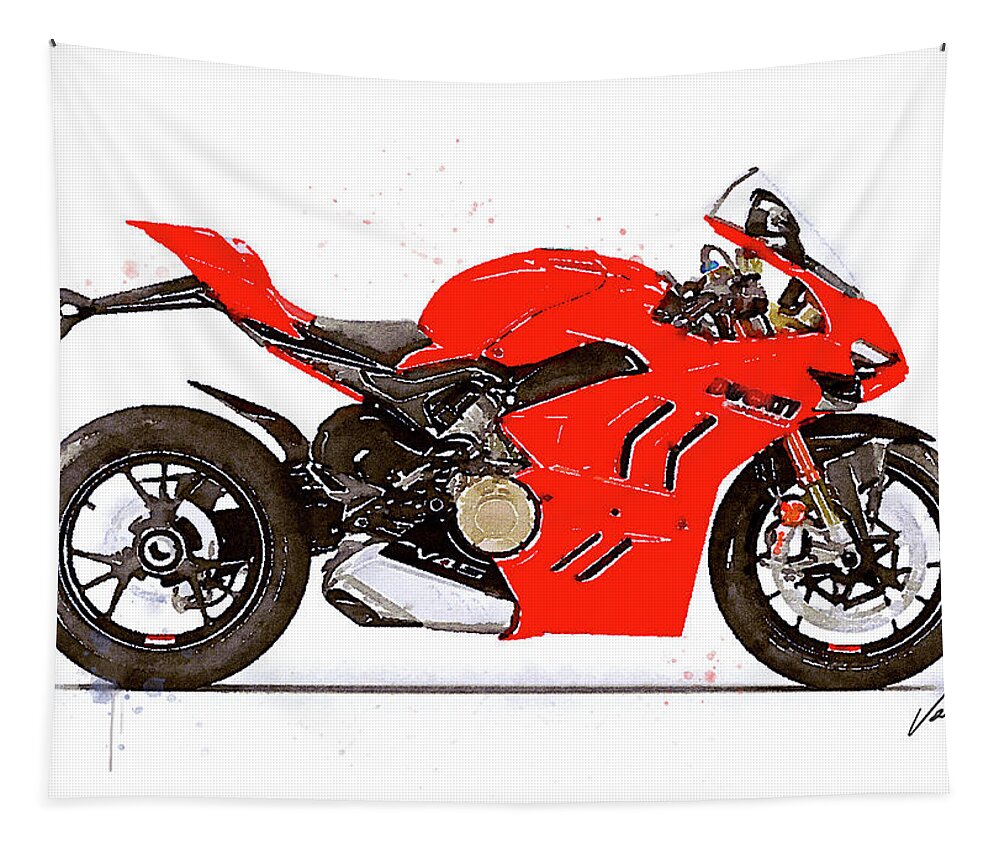 Sport Tapestry featuring the painting Watercolor Ducati Panigale V4S 2022 motorcycle - oryginal artwork by Vart. by Vart Studio