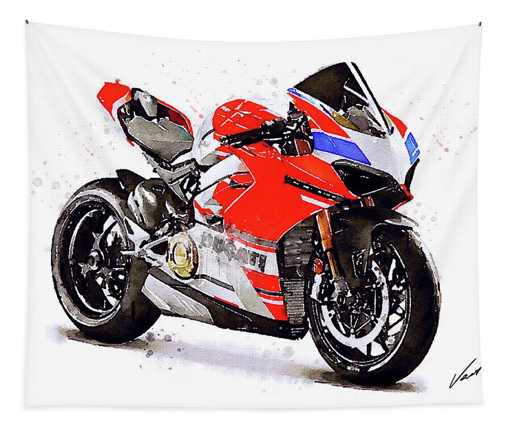 Sport Tapestry featuring the painting Watercolor Ducati Panigale V4S motorcycle, oryginal artwork by Vart by Vart Studio
