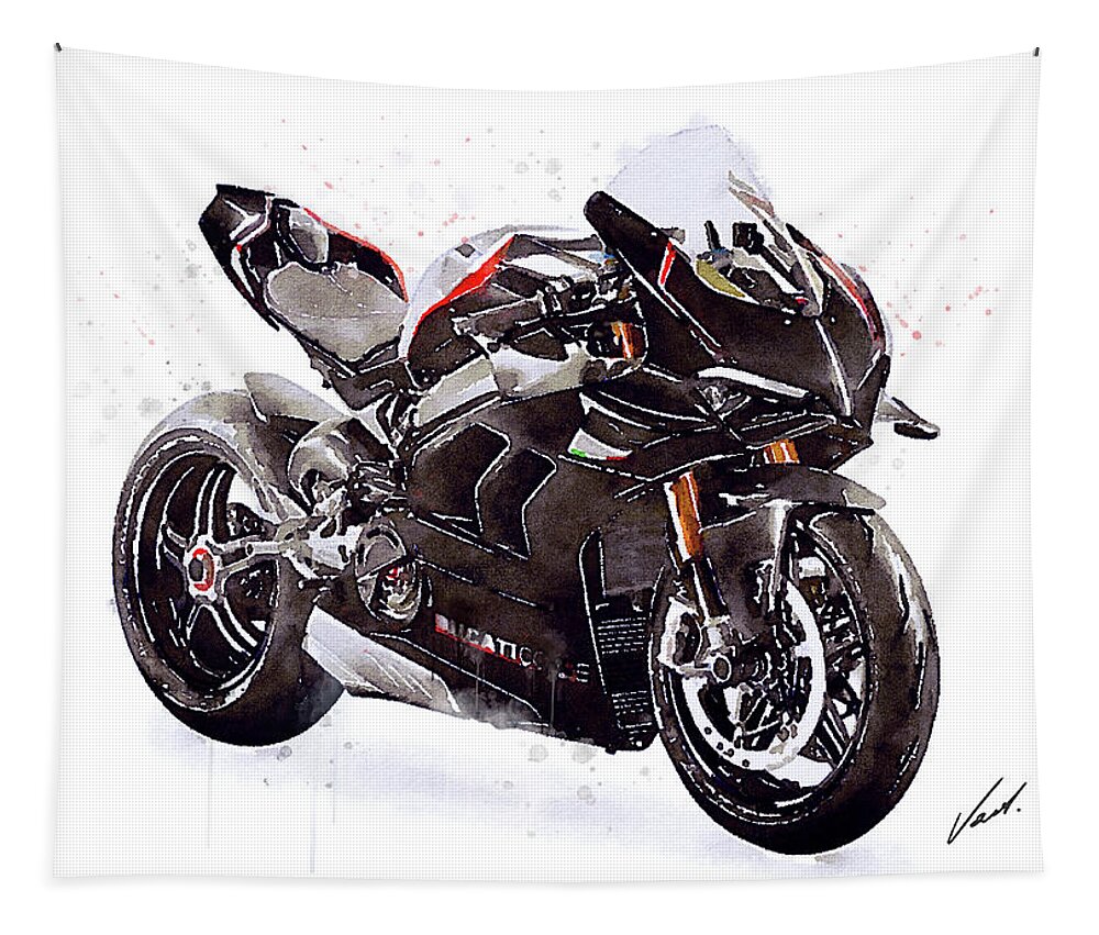 Sport Tapestry featuring the painting Watercolor Ducati Panigale V4SP 2022 motorcycle, oryginal artwork by Vart. by Vart Studio