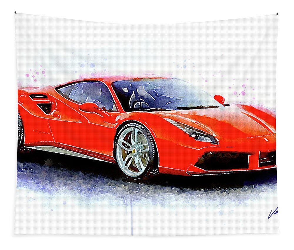 Watercolor Tapestry featuring the painting Watercolor Ferrari 488 GTB - oryginal artwork by Vart by Vart