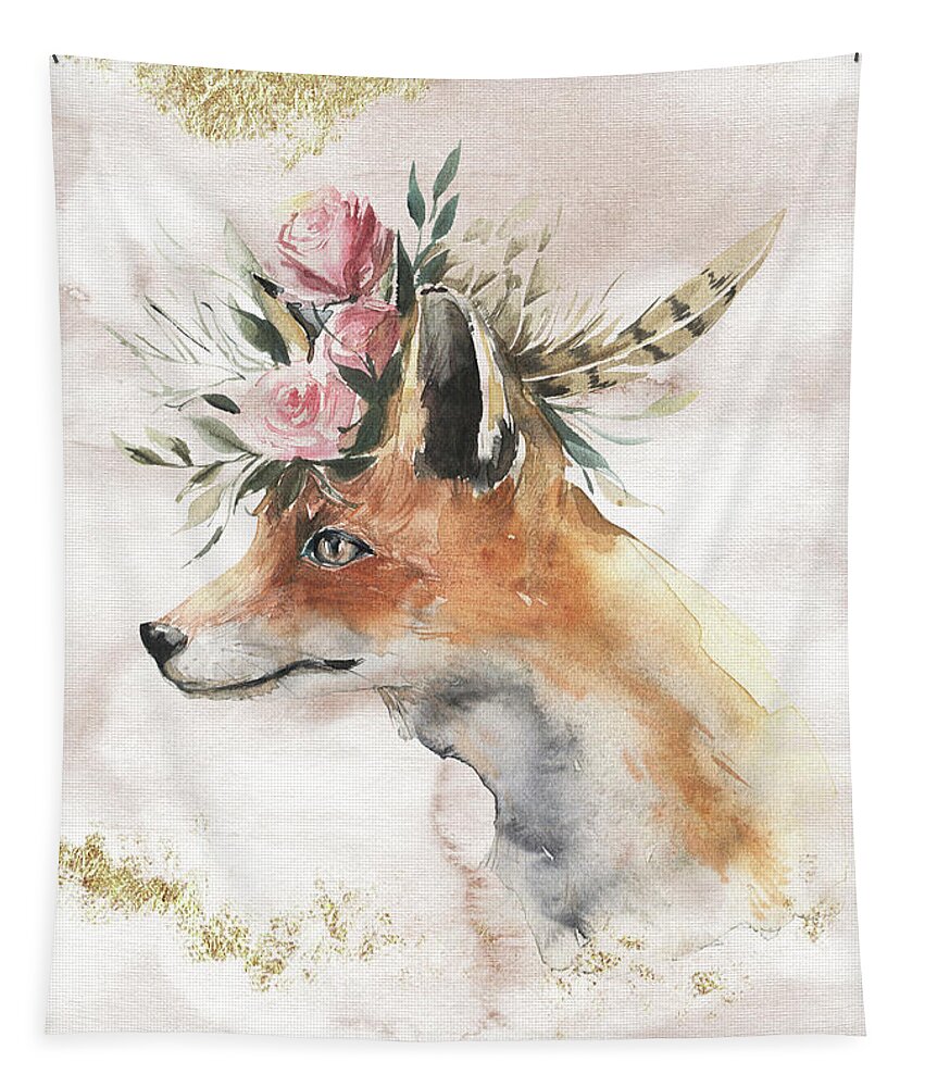 Watercolor Fox Tapestry featuring the painting Watercolor Fox With Flowers And Gold by Garden Of Delights