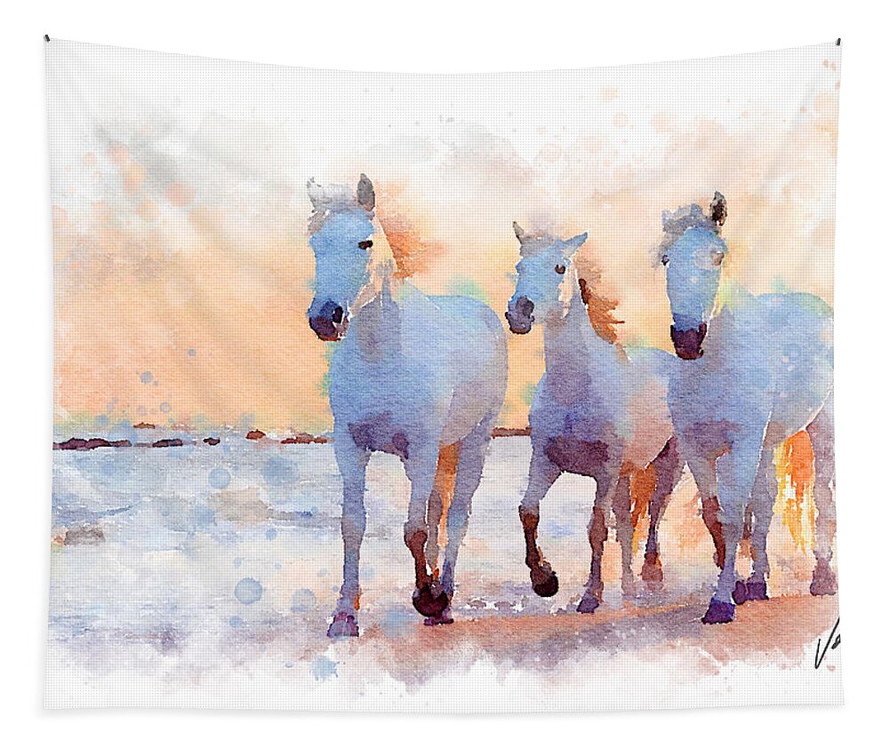 Impressionism Tapestry featuring the painting Watercolor - Horses by Vart by Vart Studio