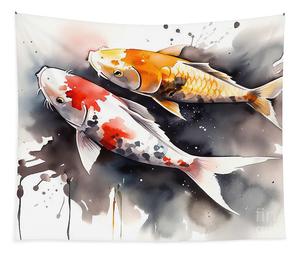 Koi Tapestry featuring the painting Watercolor illustration of Koi Carp fish on white background wit by N Akkash