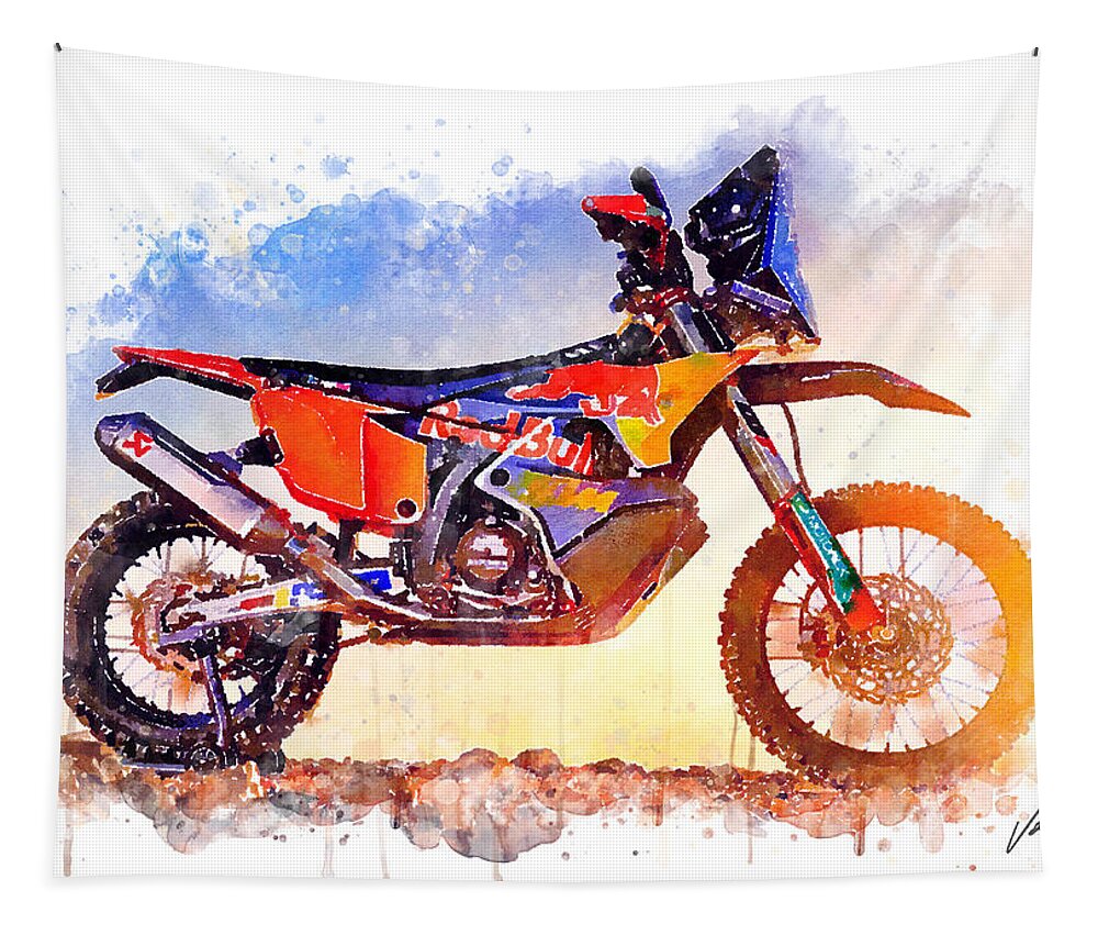 Adventure Tapestry featuring the painting Watercolor KTM 450 Rally Dakar motorcycle - oryginal artwork by Vart. by Vart Studio