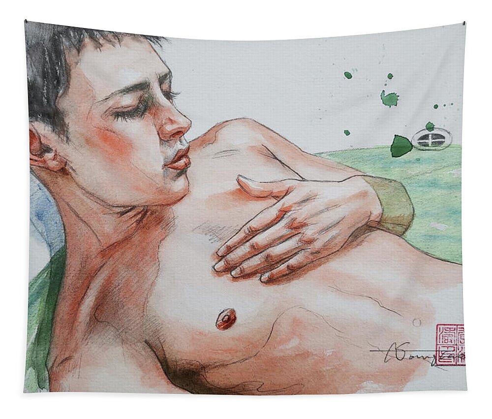 Male Nude Tapestry featuring the painting Watercolor Male Nude #20715 by Hongtao Huang