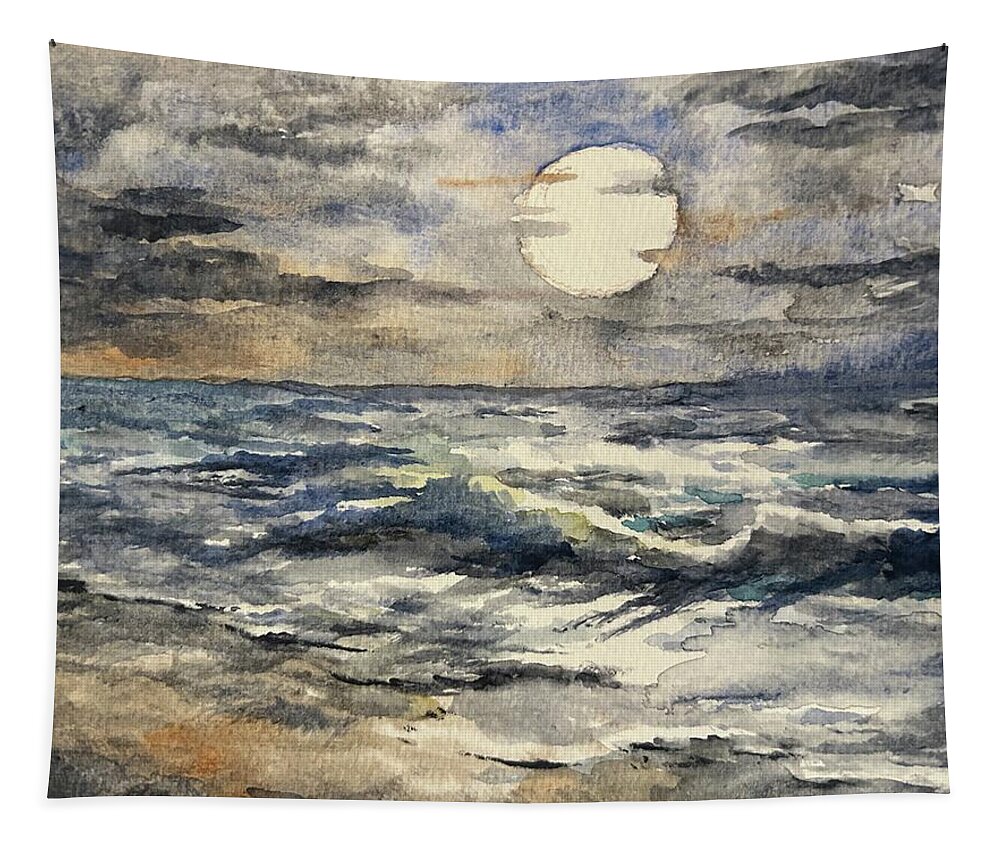 Moon Tapestry featuring the painting Watercolor Moonlit Seascape by Larry Whitler