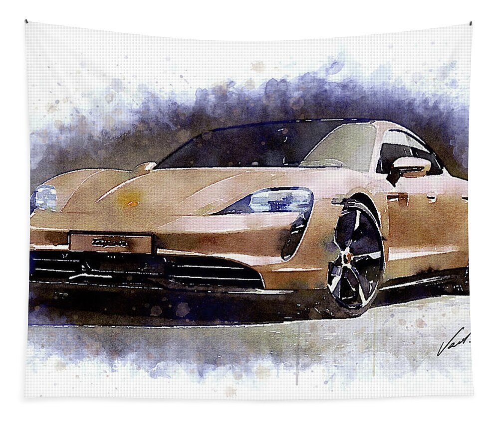 Watercolor Tapestry featuring the painting Watercolor Porsche Taycan - oryginal artwork by Vart. by Vart Studio