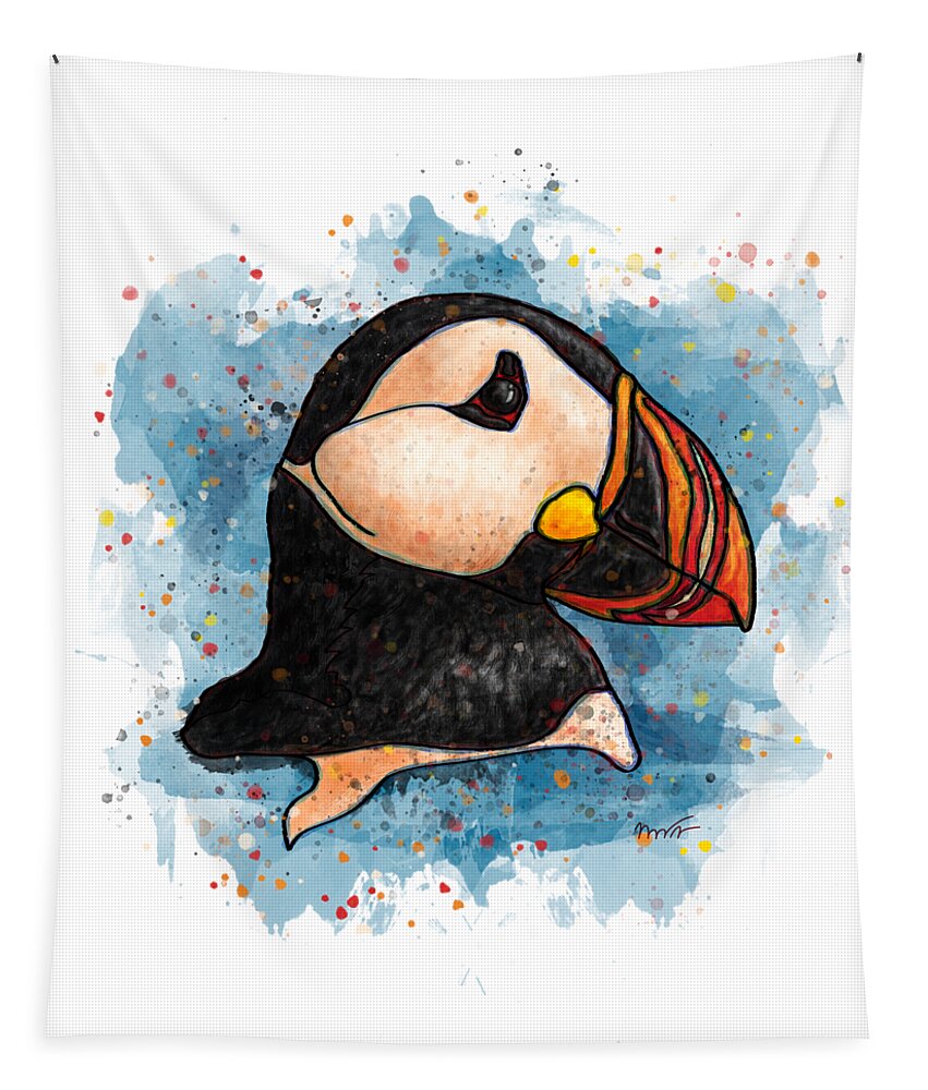 Watercolor Tapestry featuring the painting Watercolor puffin splatter art, Puffin head by Nadia CHEVREL