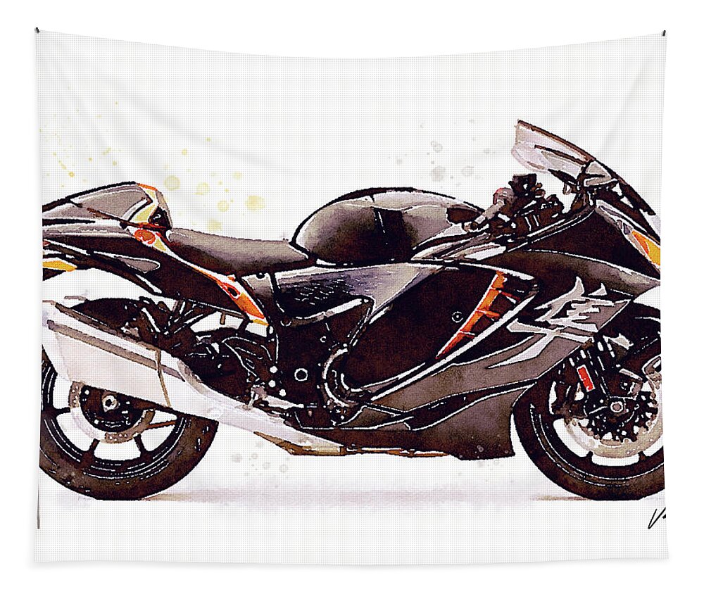 Sport Tapestry featuring the painting Watercolor Suzuki Hayabusa GSX 1300R motorcycle - oryginal artwork by Vart. by Vart Studio