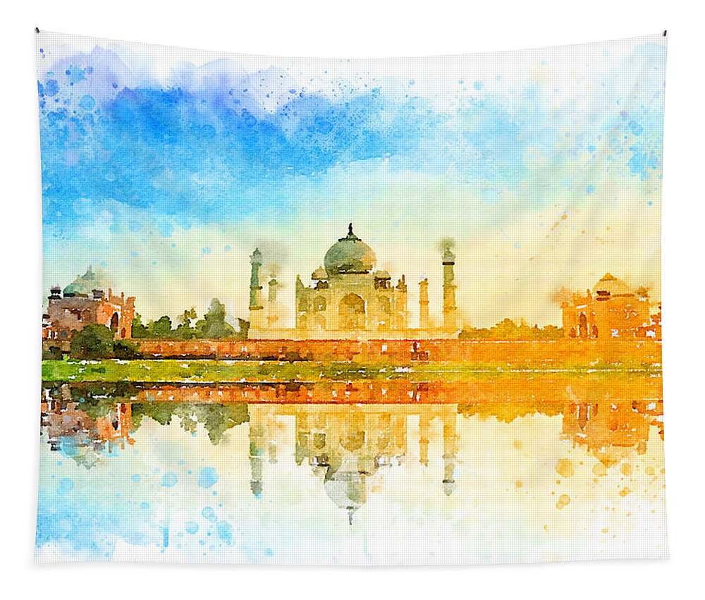 Watercolor Tapestry featuring the painting Watercolor Tajmahal, India by Vart by Vart Studio