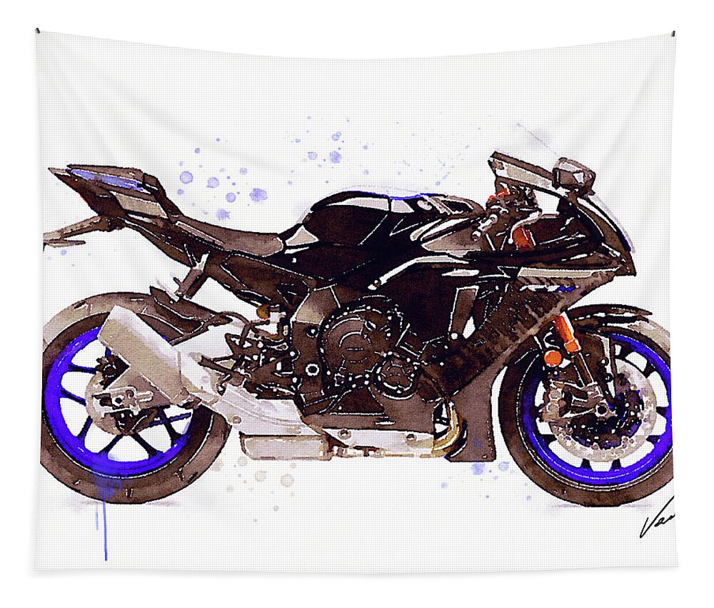 Sport Tapestry featuring the painting Watercolor Yamaha R1M motorcycle - oryginal artwork by Vart. by Vart Studio