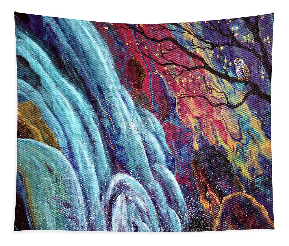 Owl Tapestry featuring the painting Waterfall Sentinel by Laura Iverson
