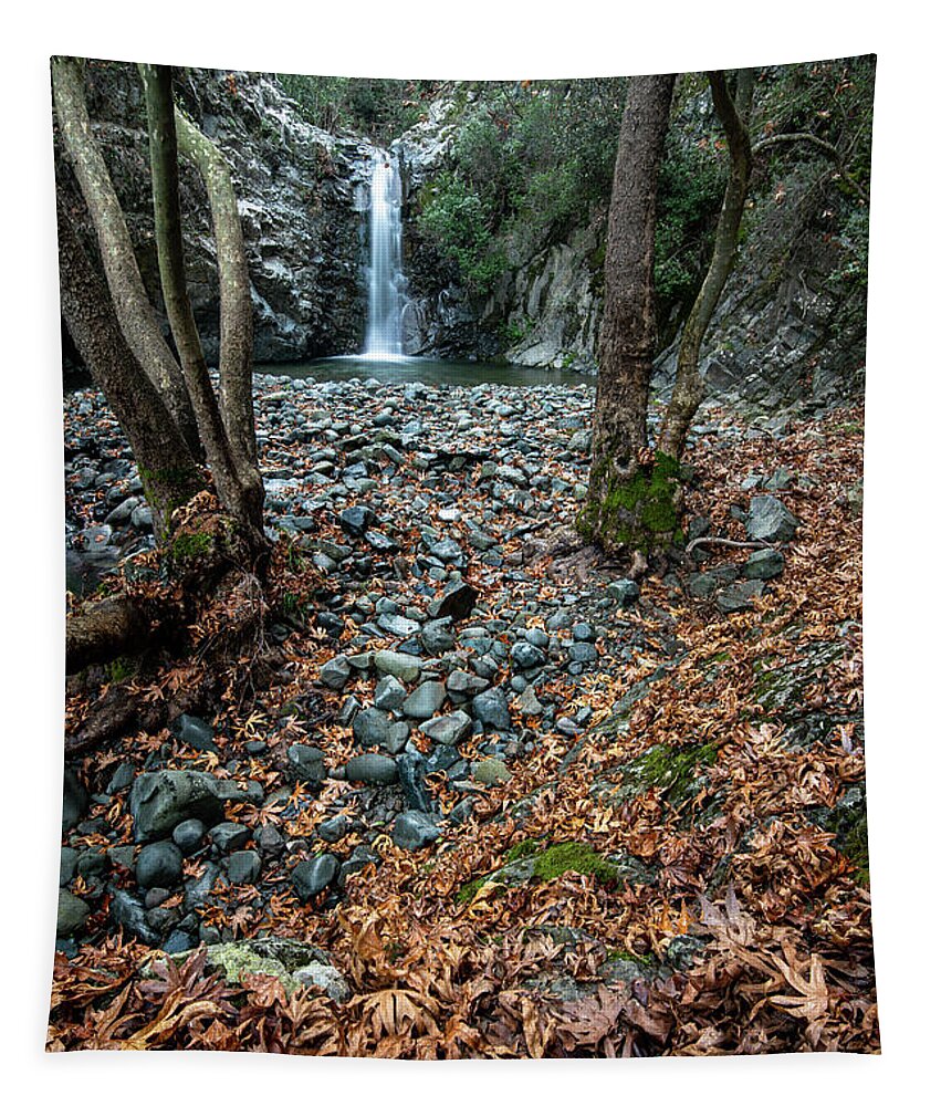 Autumn Landscape Tapestry featuring the photograph Waterfall splashing in the canyon in autumn. by Michalakis Ppalis
