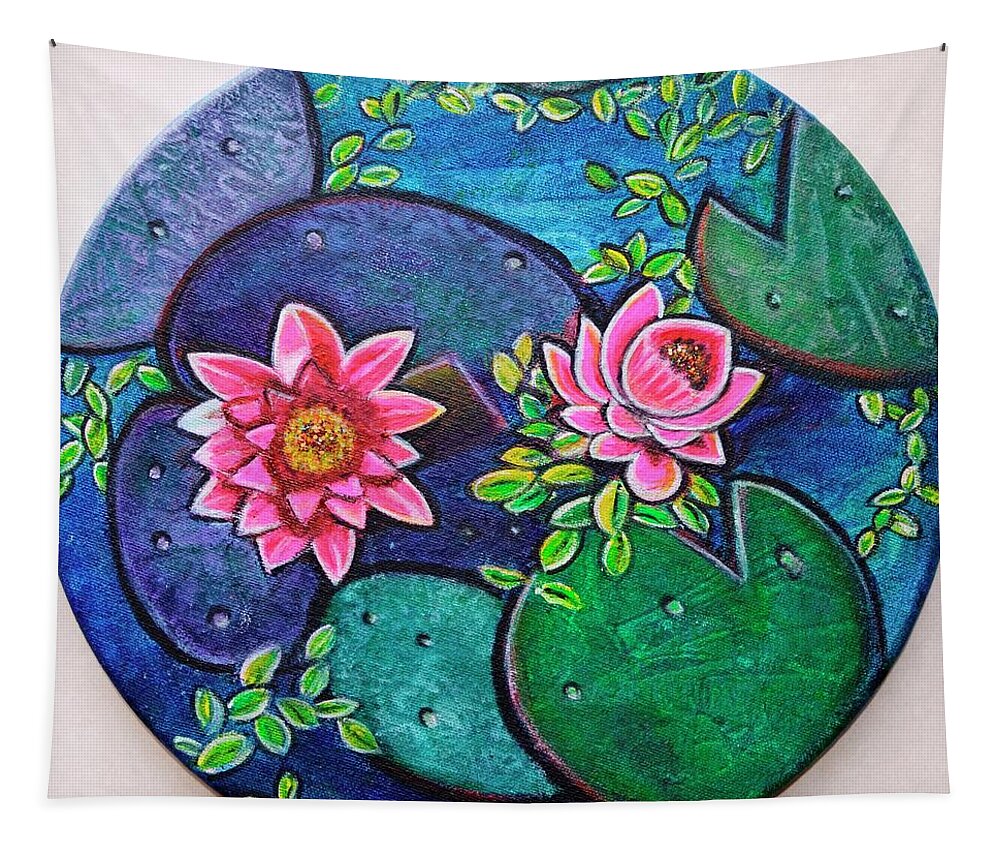 Waterlillies Tapestry featuring the painting Waterlillies pond on round canvas by Manjiri Kanvinde