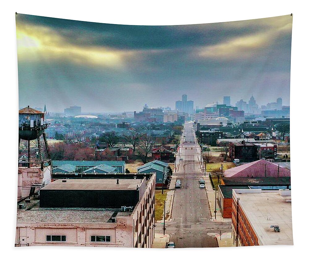 Detroit Tapestry featuring the photograph Watertower Skyline V2 DJI_0690 by Michael Thomas