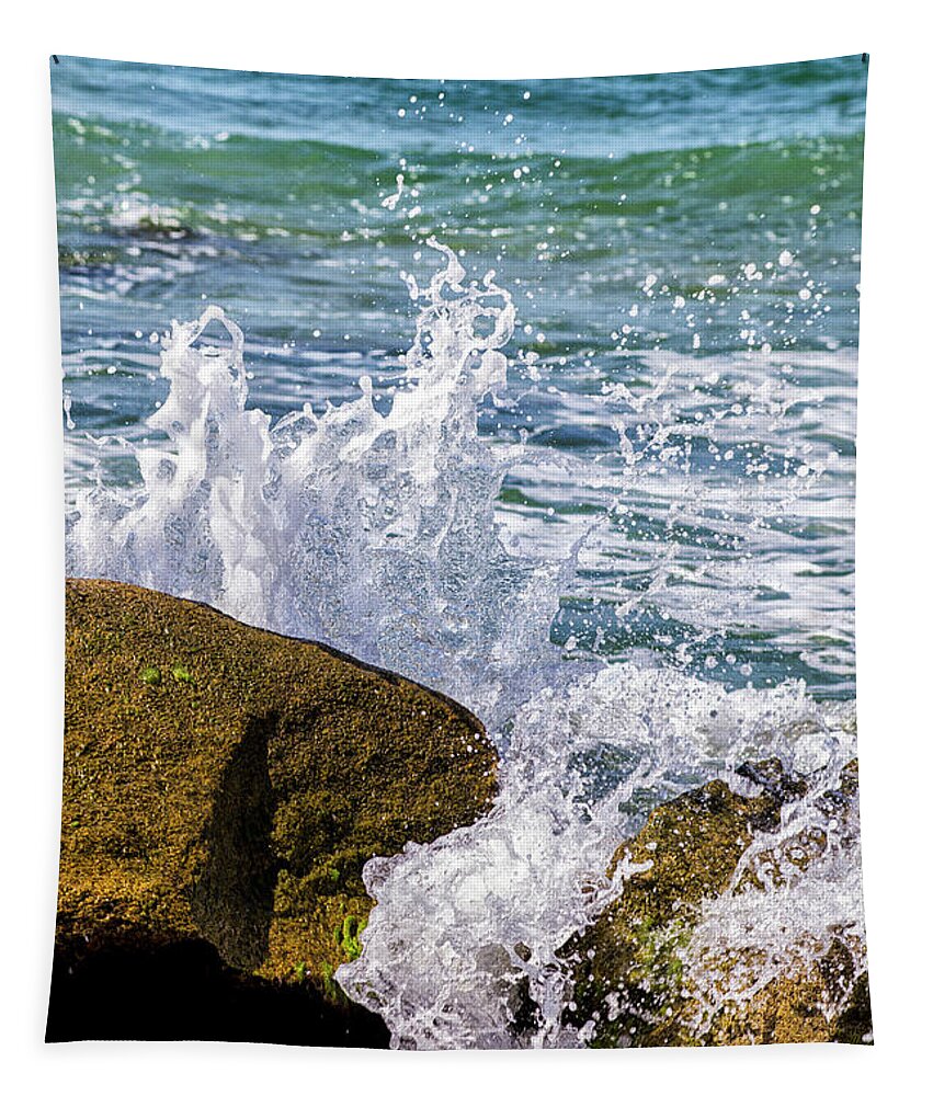 Wave Tapestry featuring the photograph Wave Break Against Rocks on Atlantic Beach by Bob Decker