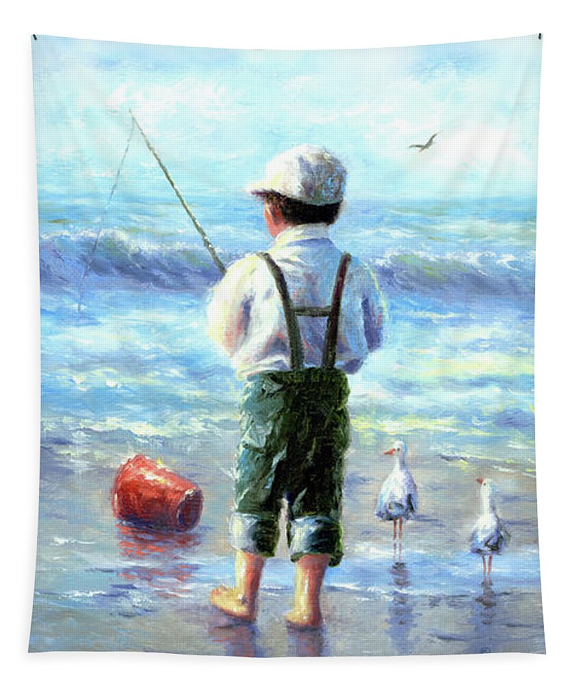 Waves Beach Boy Fishing Tapestry
