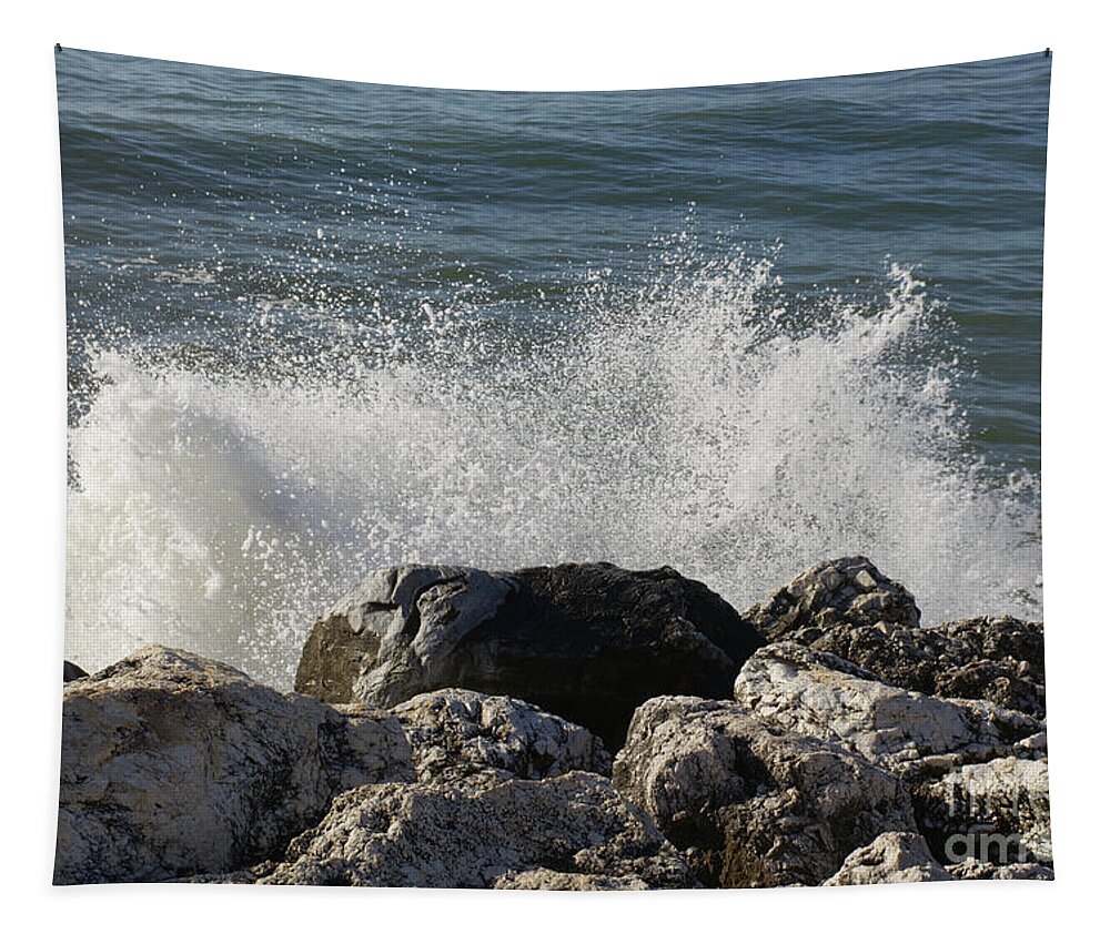 Torremolinos Spain Tapestry featuring the photograph Waves crashing against rocks Torremolinos 2019 by Pics By Tony