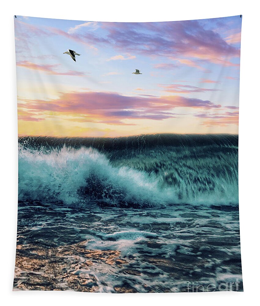 Seagulls Tapestry featuring the digital art Waves Crashing At Sunset by Phil Perkins