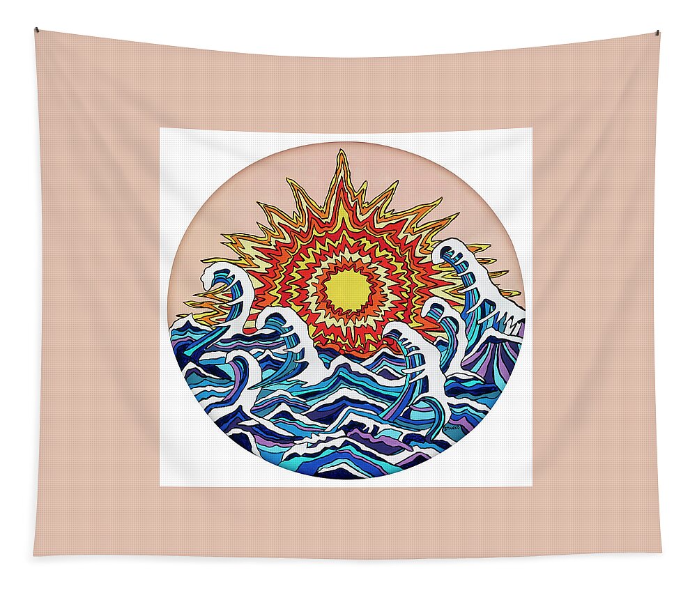 Sun Waves Ocean Tapestry featuring the painting Waving around the Sun by Mike Stanko