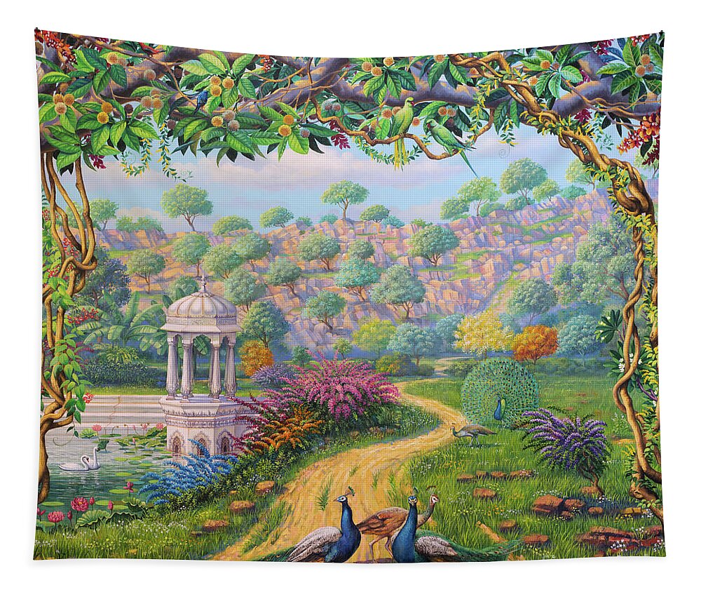 Krishna Tapestry featuring the painting Way to Govardhan by Vrindavan Das