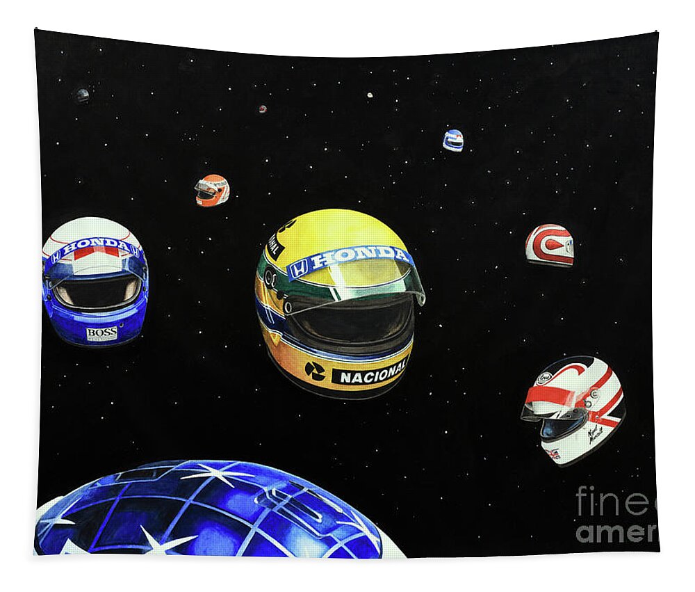 Ayrton Senna Tapestry featuring the painting We Are Flying High  by Oleg Konin