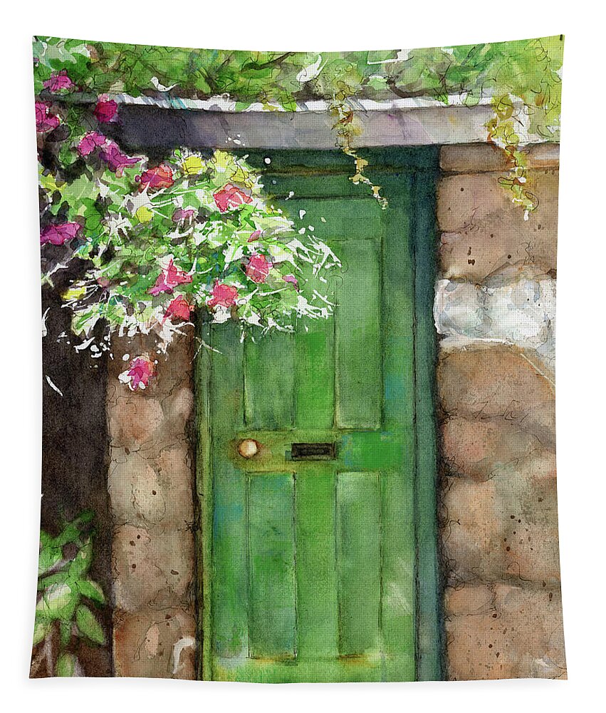 Painting Weathered Door Tapestry featuring the painting Weathered door and flowers by Rebecca Matthews