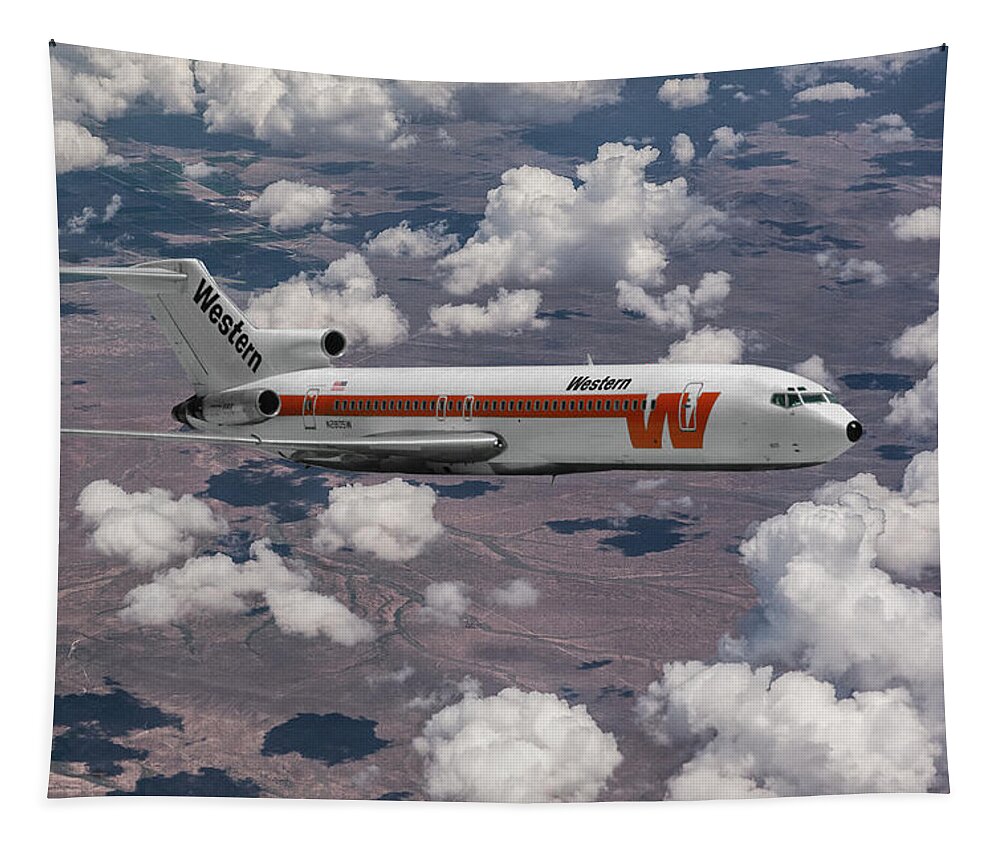 Western Airlines Tapestry featuring the mixed media Western Airlines Boeing 727-247 by Erik Simonsen