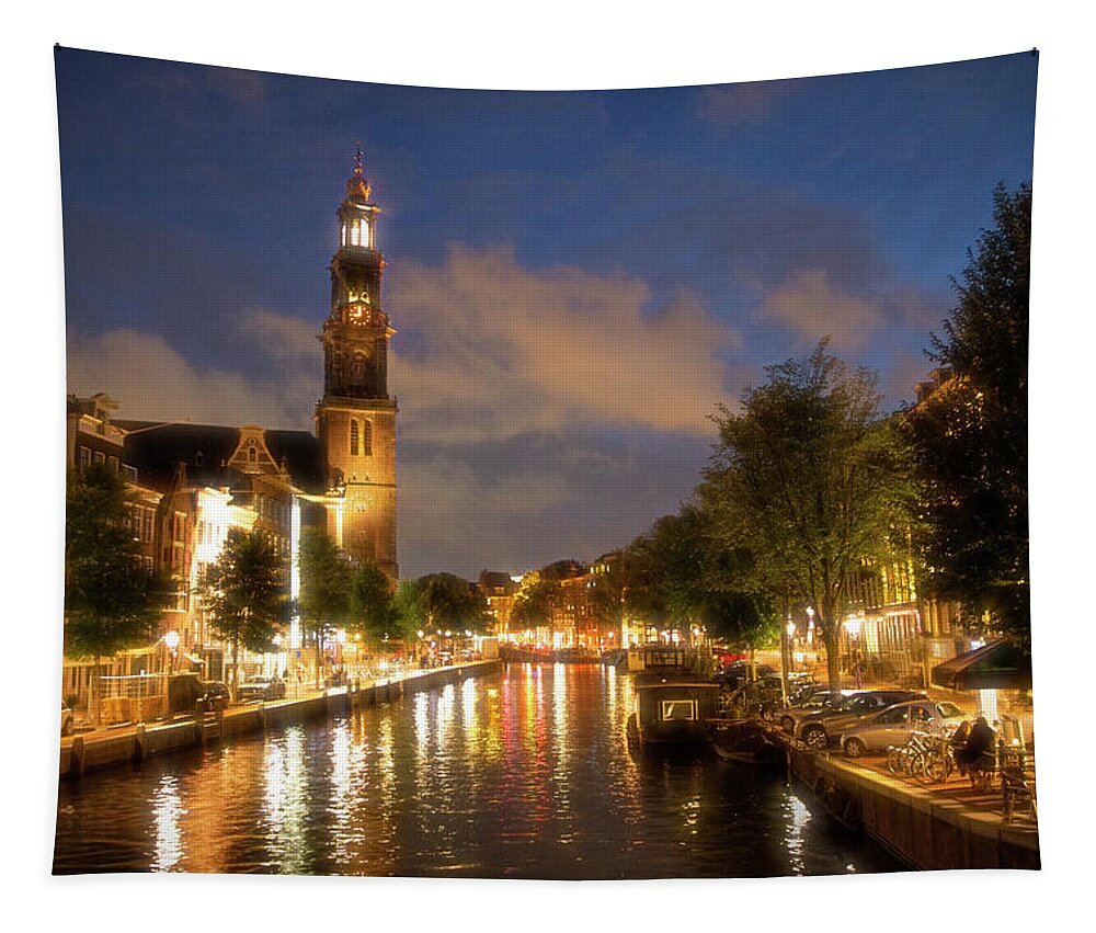 Europe Tapestry featuring the photograph Westertoren Tower at Night by Cheryl Strahl