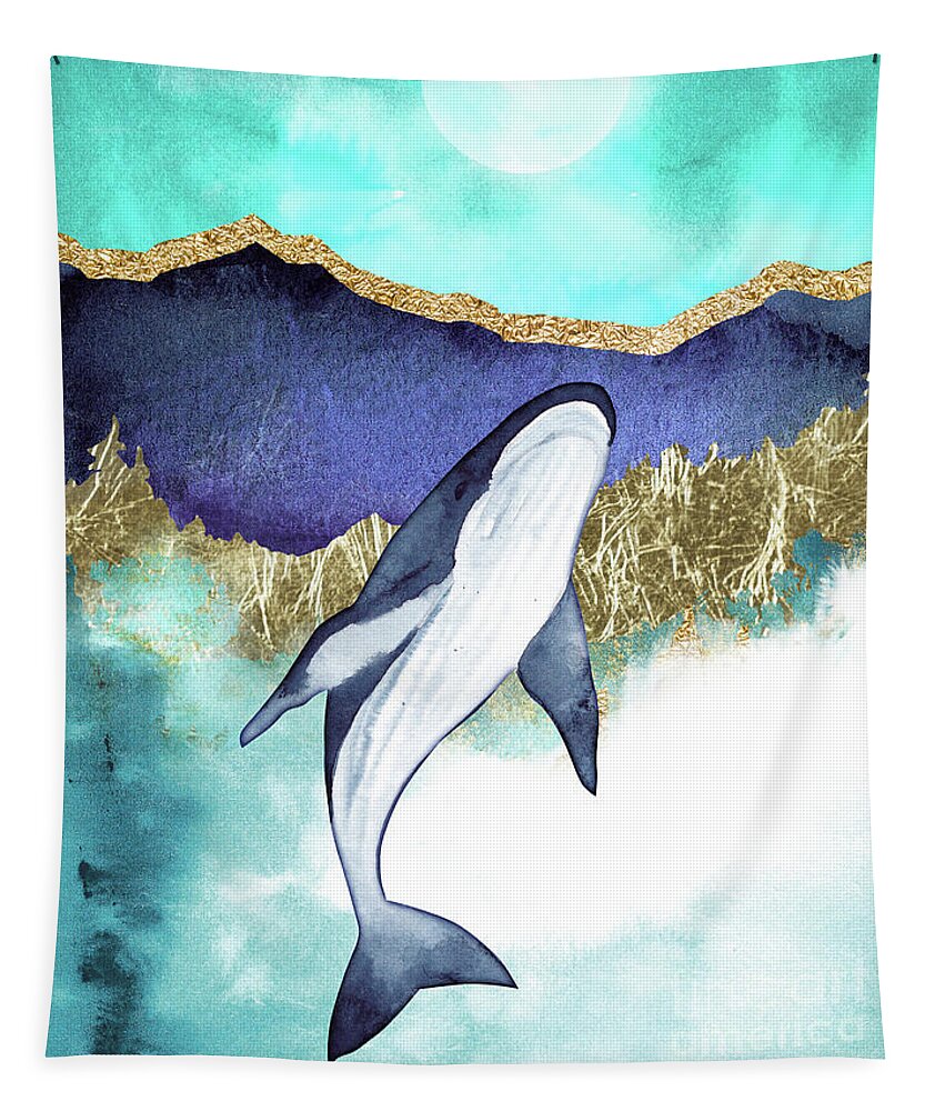 Blue Whale Tapestry featuring the painting Whale And Moon by Garden Of Delights
