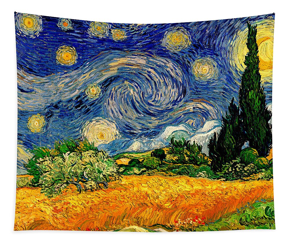 Wheat Field With Cypresses Tapestry featuring the digital art Wheat Field with Cypresses under a Starry Night - warm colors digital recreation by Nicko Prints
