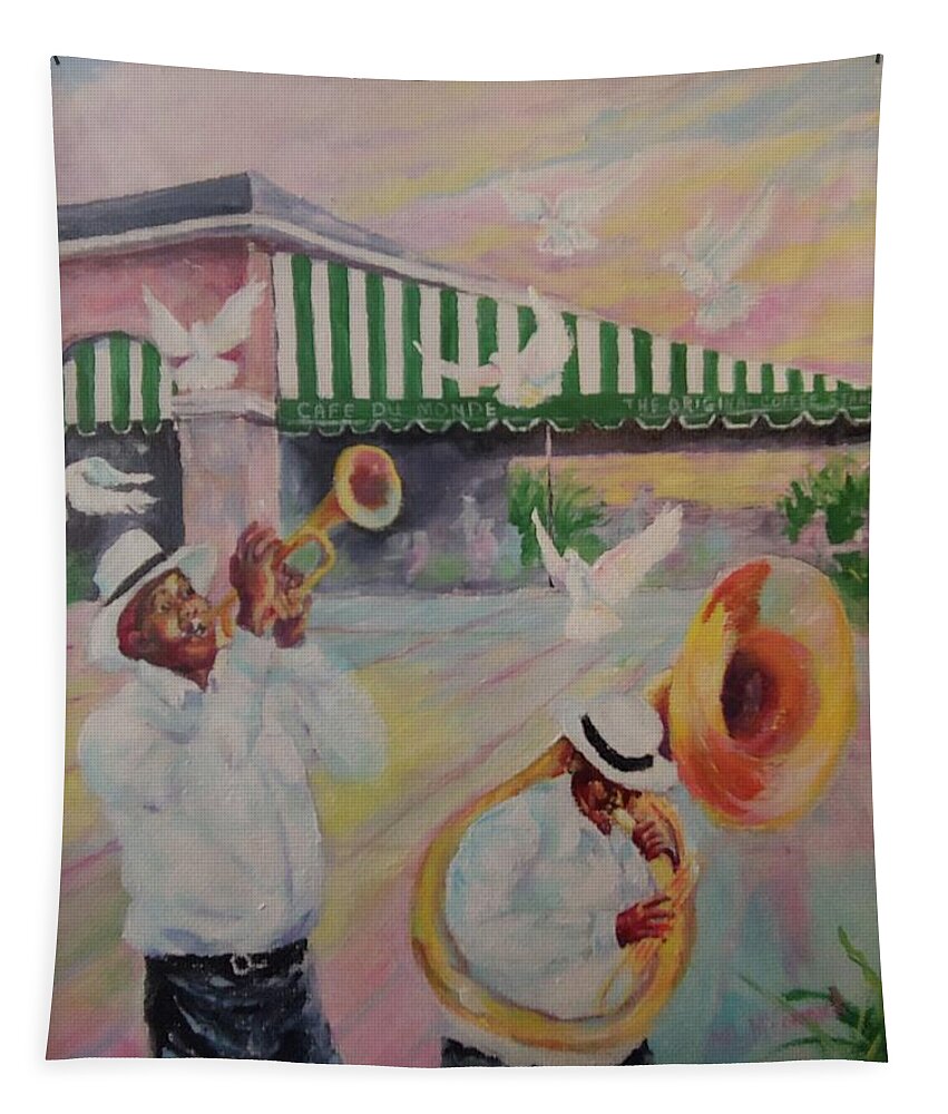 Mardi Gras Tapestry featuring the painting When the Saints Go Marching In--Cafe Du Monde by ML McCormick