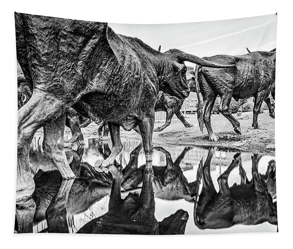 Dallas Skyline Tapestry featuring the photograph Where The Longhorns Gather - Dallas Texas BW Panorama by Gregory Ballos