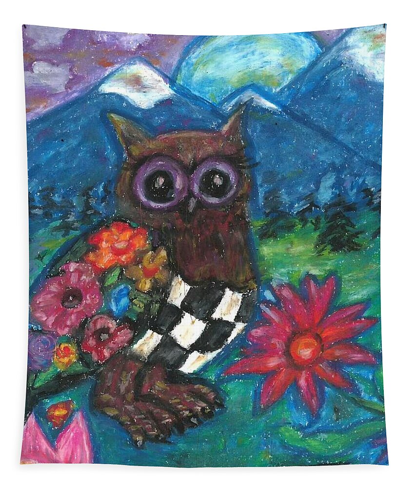 Owl Tapestry featuring the painting Whimsical Owl in Mountain Landscape by Monica Resinger