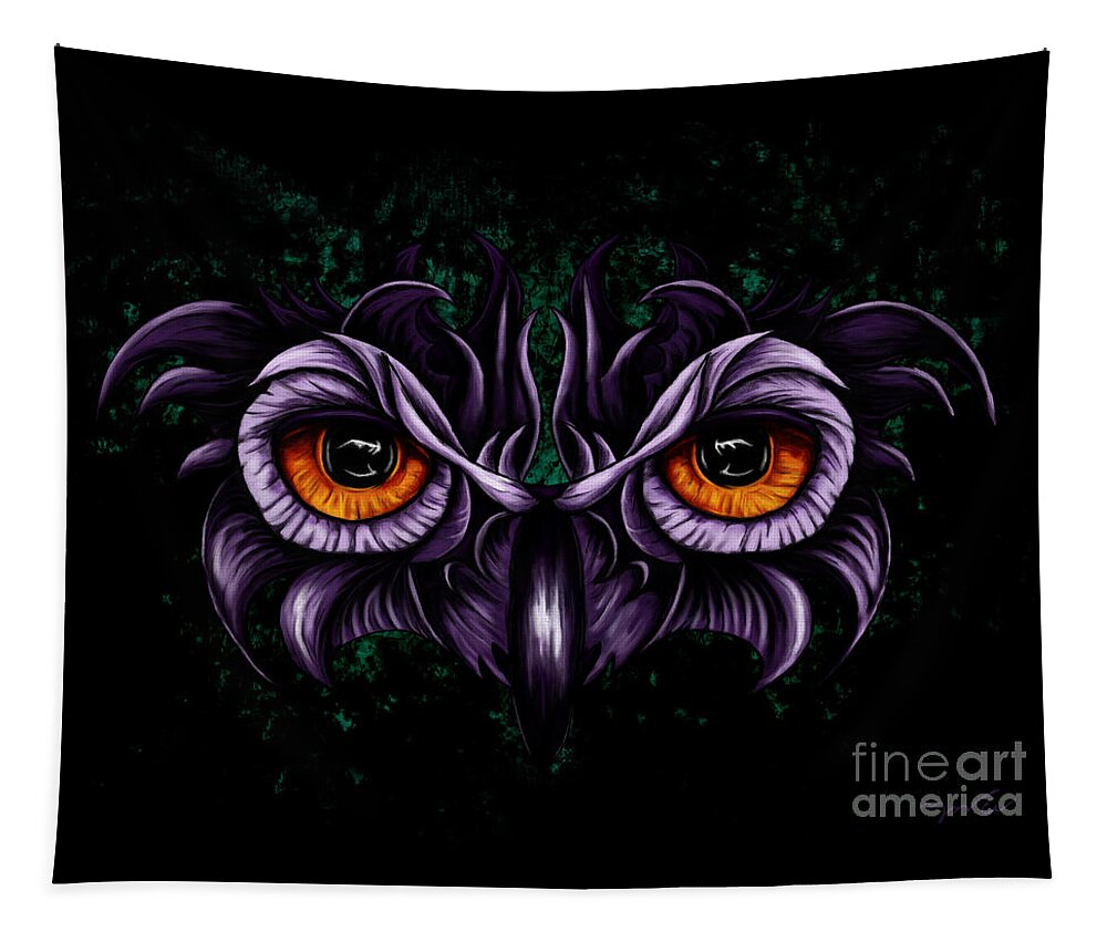 Owl Eyes Tapestry featuring the painting Whimsical owl painting, witchy owl eyes by Nadia CHEVREL