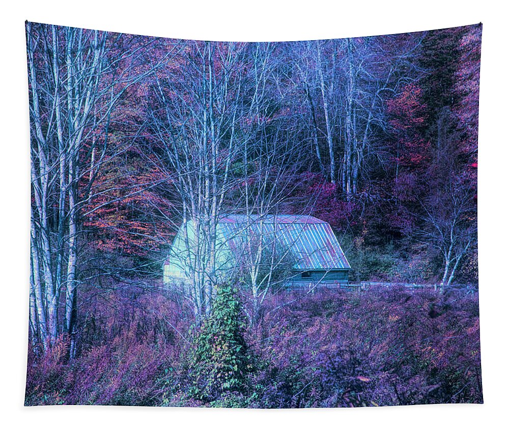 Barns Tapestry featuring the photograph White Barn Farm Creeper Trail in Autumn Evening Fall Colors Dama by Debra and Dave Vanderlaan