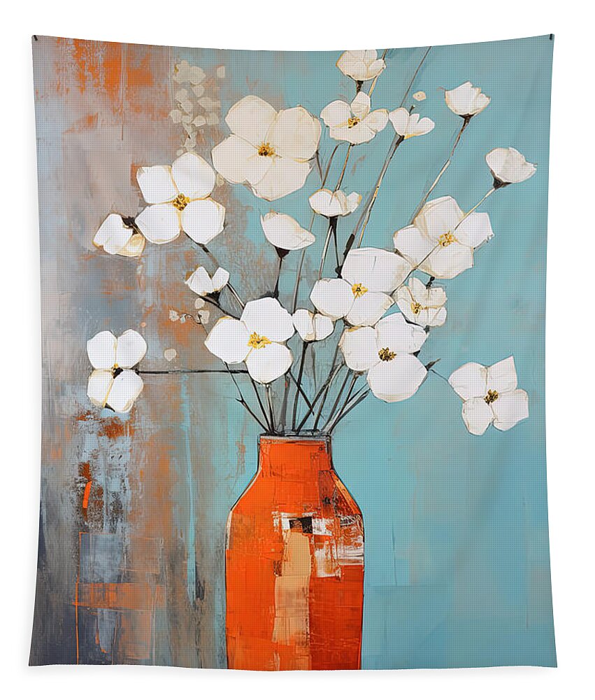 Orange Vase Tapestry featuring the painting White Blooms against a Vibrant Orange by Lourry Legarde