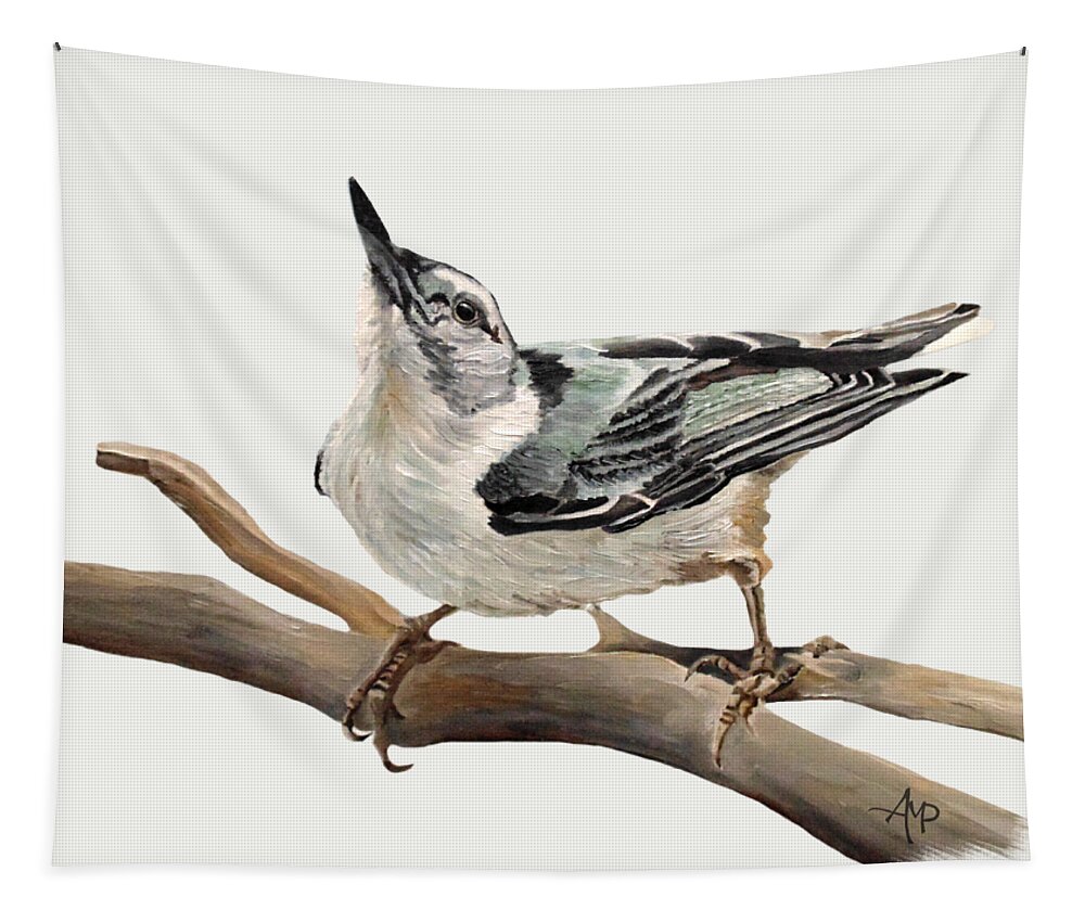 White-breasted Nuthatch Tapestry featuring the painting White-breasted Nuthatch by Angeles M Pomata