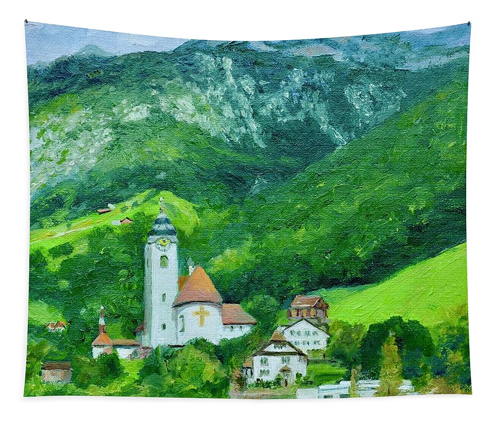 Railway Tapestry featuring the painting White Church above Fluelen Switzerland by Dai Wynn