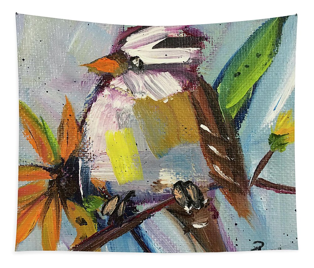 Sparrow Tapestry featuring the painting White Crowned Sparrow on a Sunflower by Roxy Rich