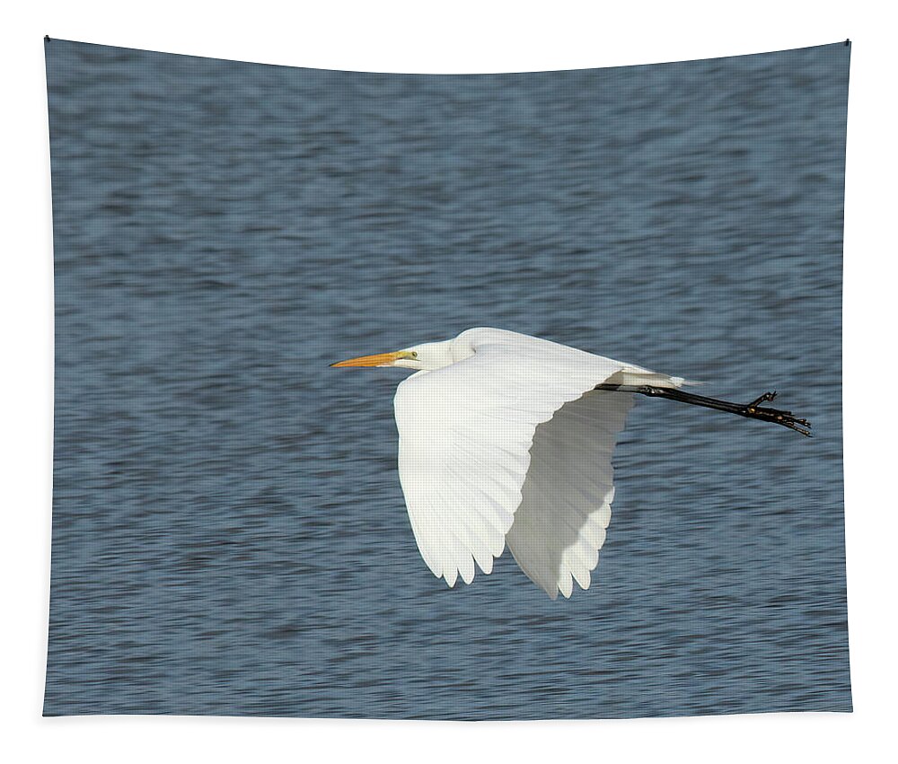 Egret Tapestry featuring the photograph White Egret Flying by Rebecca Cozart