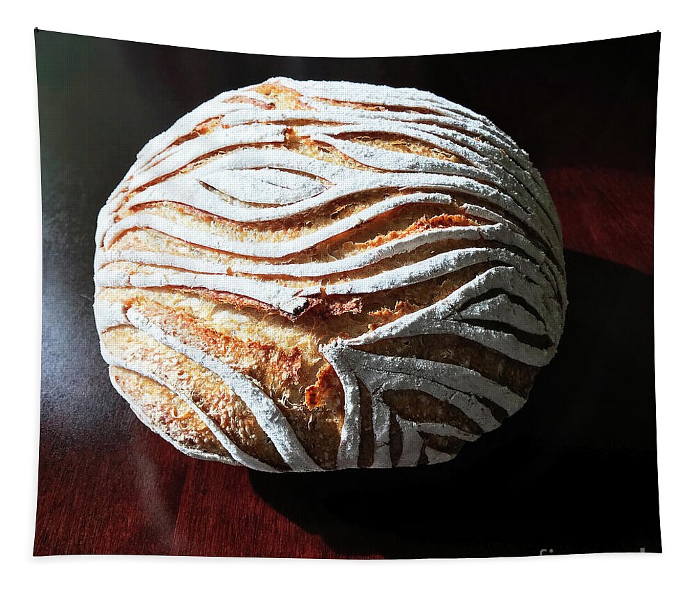 Bread Tapestry featuring the photograph White Flour Dusted Sourdough With 4 Score Designs. 5 by Amy E Fraser