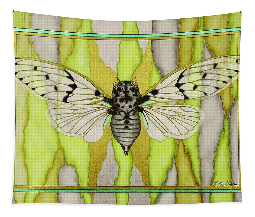Kim Mcclinton Tapestry featuring the mixed media White Ghost Cicada by Kim McClinton