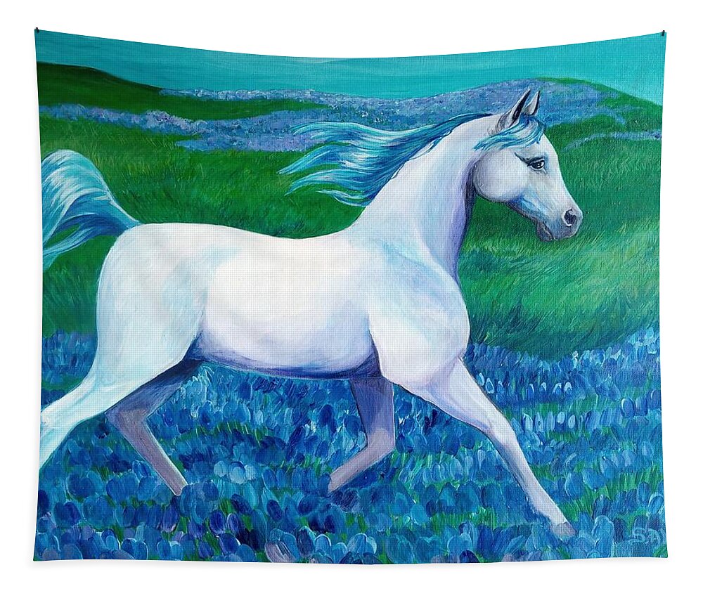 Horse Running Art Tapestry featuring the painting White Horse Texas Blue Bonnet Field by Sonya Allen
