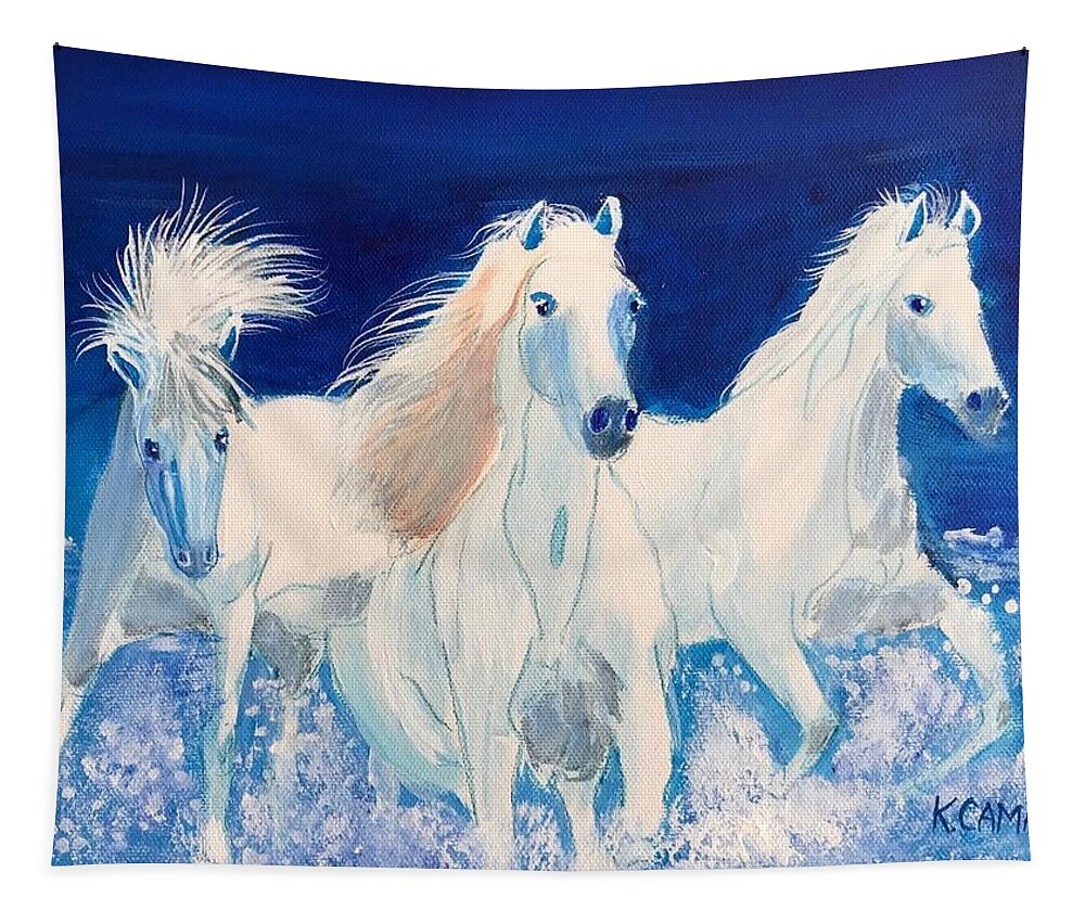 Pets Tapestry featuring the painting White Horses on Beach by Kathie Camara
